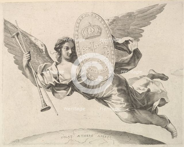Fame Bearing a Shield with the Initial of Louis XIV (La Renommée volant). Creator: Claude Mellan.