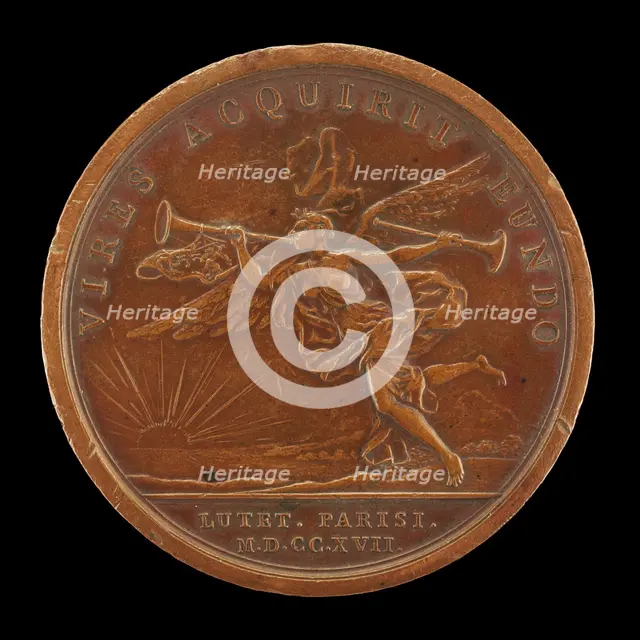 Fame Blowing Her Trumpet [reverse], 1717. Creator: Jean Duvivier.