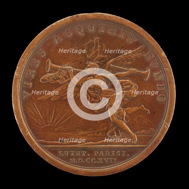 Fame Blowing Her Trumpet [reverse], 1717. Creator: Jean Duvivier.