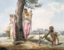 Family: Man smoking a hookah and girl doing Yoga, c1850. Creator: Indian School (19th Century)