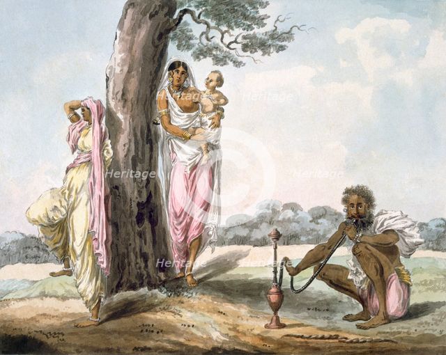 Family: Man smoking a hookah and girl doing Yoga, c1850. Creator: Indian School (19th Century).