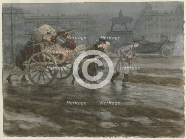 Family moving its belongings on cart (from the series of watercolors Russian revolution), 1917-1918. Artist: Vladimirov, Ivan Alexeyevich (1869-1947)