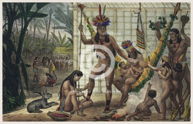 Family of a Camacan Indian Chief Preparing for a Festival. Illustration from Voyage pittoresque et h
