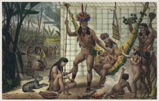 Family of a Camacan Indian Chief Preparing for a Festival. Illustration from Voyage pittoresque et h
