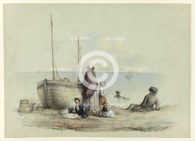Family on a Beach, c. 1850. Creator: Hablot Knight Browne.
