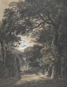 Family Gathered Before a Monument in a Landscape with a Waterfall, 1805. Creator: Johann Heinrich Meyer