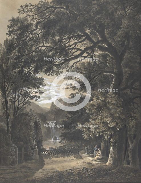 Family Gathered Before a Monument in a Landscape with a Waterfall, 1805. Creator: Johann Heinrich Meyer.