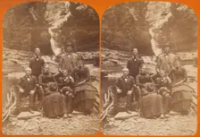 Family group portrait, posed in natural setting on rocks, 1868-1878. Creator: James Douglas Hope