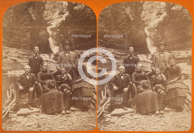 Family group portrait, posed in natural setting on rocks, 1868-1878. Creator: James Douglas Hope.
