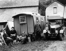 Family group with a 1925 Morris Oxford 14/28 and caravan, (Eccles, c1926?)