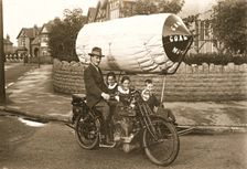 Family in a coal gas powered motorcycle, Nottingham, Nottinghamshire, 1916
