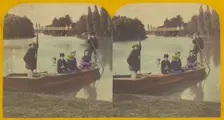 Family in rowboat on river, two rowers with them, about 1855-1860. Creator: Unknown