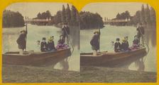 Family in rowboat on river, two rowers with them, about 1855-1860. Creator: Unknown