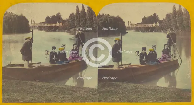 Family in rowboat on river, two rowers with them, about 1855-1860. Creator: Unknown.