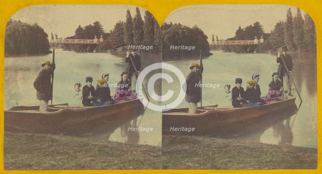 Family in rowboat on river, two rowers with them, about 1855-1860. Creator: Unknown.