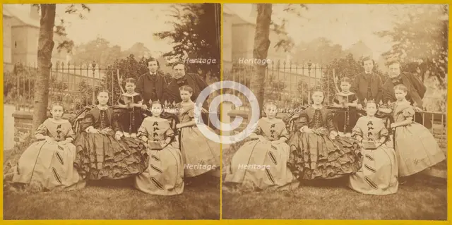 Family portrait outside in backyard, about 1870. Creator: Unknown.