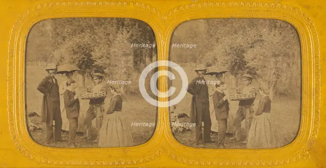 Family portrait at a picnic, about 1868. Creator: E Lamy.