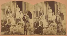Family portrait posed on front porch of house, about 1865. Creator: Unknown