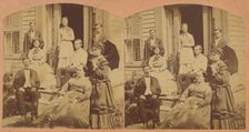 Family portrait posed on front porch of house, about 1865. Creator: Unknown