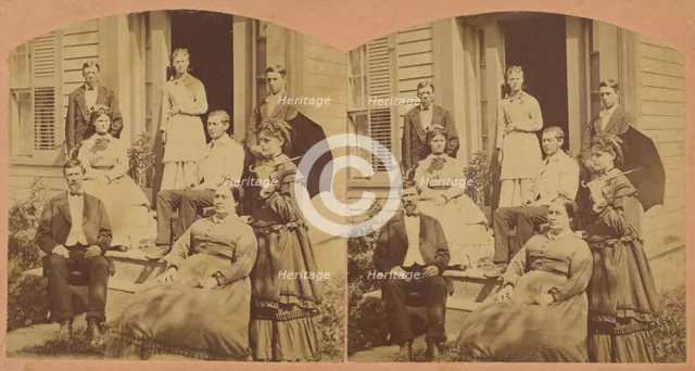 Family portrait posed on front porch of house, about 1865. Creator: Unknown.