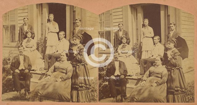 Family portrait posed on front porch of house, about 1865. Creator: Unknown.