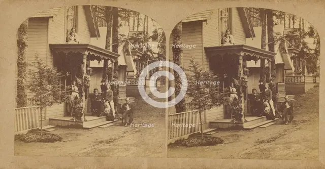 Family portrait posed on front porch of house, about 1865. Creator: Unknown.