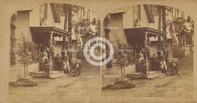 Family portrait posed on front porch of house, about 1865. Creator: Unknown.