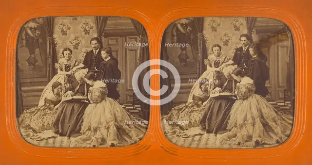 Family scene in parlor: elder woman reading to group, 1855-1860. Creator: Unknown.