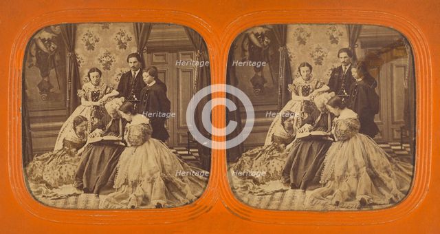 Family scene in parlor: elder woman reading to group, 1855-1860. Creator: Unknown.