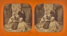 Family scene in parlor: elder woman reading to group, 1855-1860. Creator: Unknown