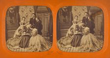 Family scene in parlor: elder woman reading to group, 1855-1860. Creator: Unknown