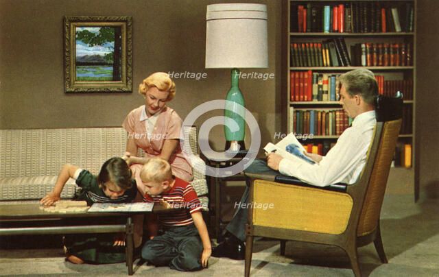 Family sitting in their living room, USA, 1962. Artist: Unknown
