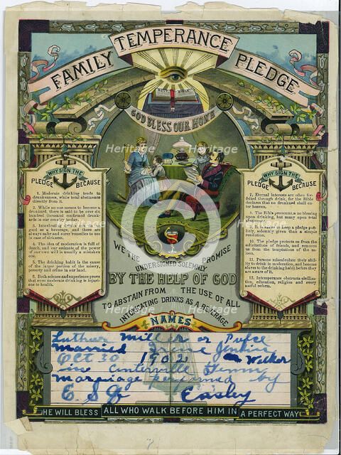 Family temperance pledge for Luther Miller Pulce and Irene Jenkins, October 30, 1902. Creator: Unknown.