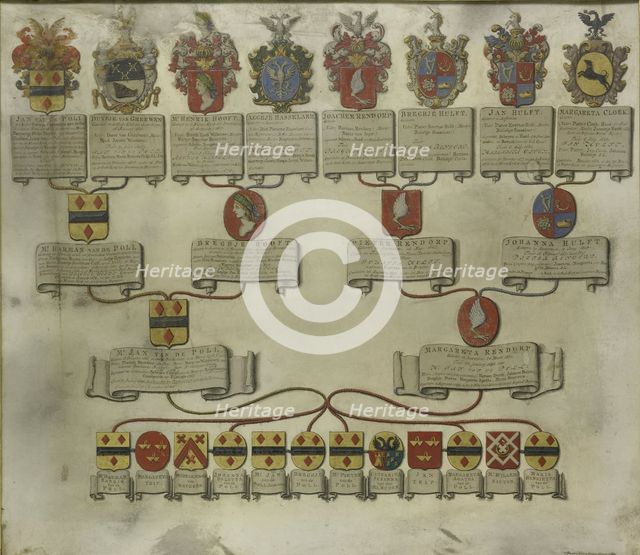 Family tree with the coats of arms of the six children of Jan van de Poll and Margaretha...1738 Creator: Gerrit de Broen.