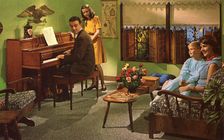 Family with a Wurlitzer model 2620 piano, USA, 1964