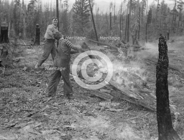 Family work clearing land by burning, near Bonners Ferry, Boundary County, Idaho, 1939. Creator: Dorothea Lange.