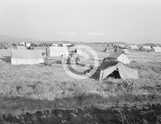 Families camped on flat before season opens waiting..., near Merrill, Klamath County, Oregon, 1939. Creator: Dorothea Lange.