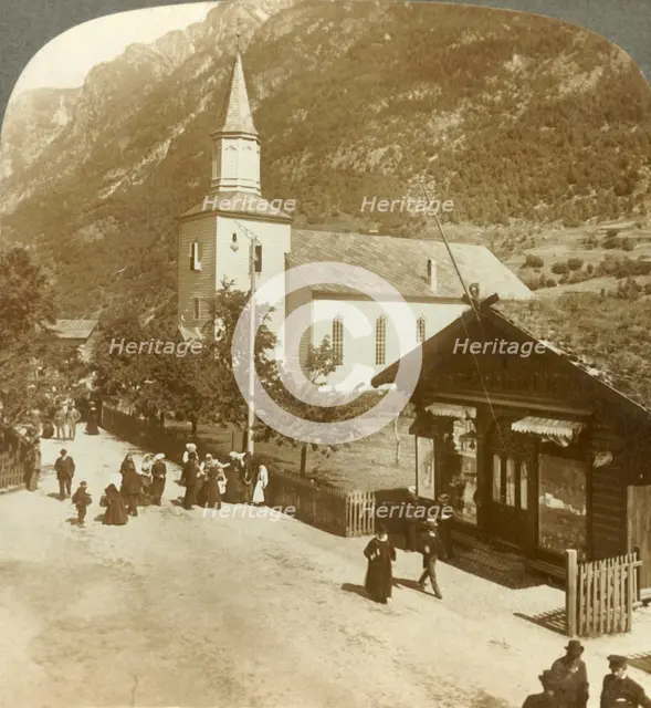 'Families and neighbors on a summer Sunday morning at village church, Odde, Norway', c1905. Creator: Unknown.