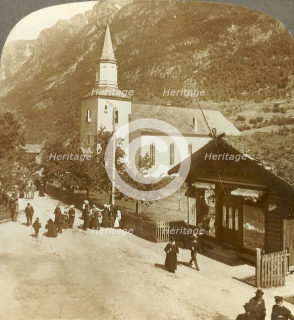 'Families and neighbors on a summer Sunday morning at village church, Odde, Norway', c1905. Creator: Unknown.
