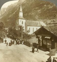 Families and neighbors on a summer Sunday morning at village church, Odde, Norway c1905. Creator: Unknown