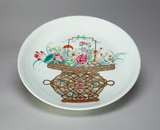 Famille-Rose Flower Basket Dish, Qing dynasty (1644-1911), 18th century. Creator: Unknown