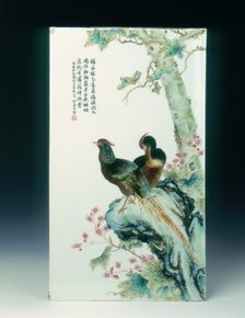 Famille rose porcelain plaque with pheasants, China. Creator: Xu Zhongnan
