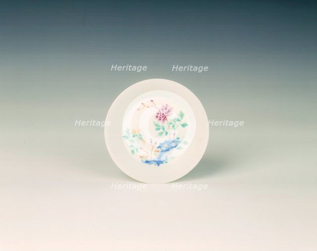 Famille rose saucer with peony and rock, Qing dynasty, Yongzheng period, China, 1723-1735. Creator: Unknown.