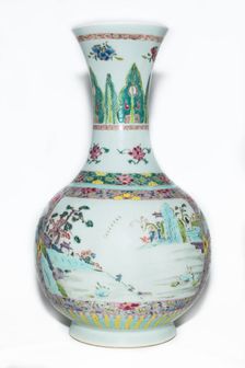 Famille rose vase with landscape decoration and trumpet mouth, 18th century. Creator: Unknown