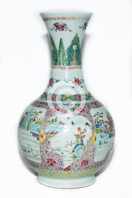 Famille rose vase with landscape decoration and trumpet mouth, 18th century. Creator: Unknown.