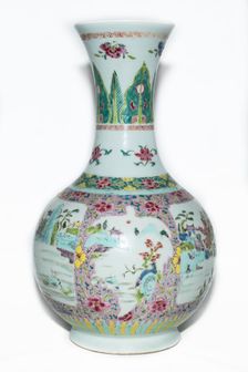 Famille rose vase with landscape decoration and trumpet mouth, 18th century. Creator: Unknown