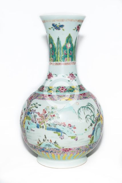 Famille rose vase with landscape decoration and trumpet mouth, 18th century. Creator: Unknown.