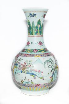Famille rose vase with landscape decoration and trumpet mouth, 18th century. Creator: Unknown