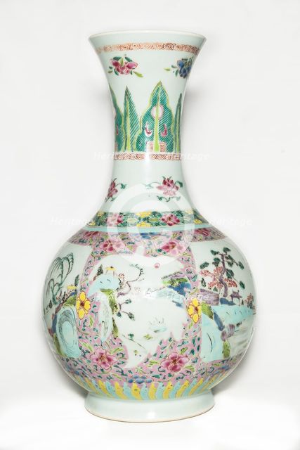 Famille rose vase with landscape decoration and trumpet mouth, 18th century. Creator: Unknown.