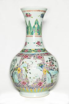 Famille rose vase with landscape decoration and trumpet mouth, 18th century. Creator: Unknown